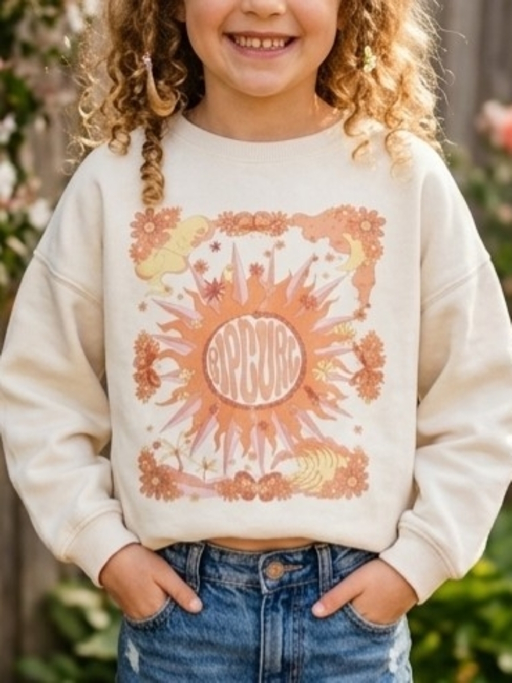 Rip Curl Girl's White Sweatshirt with Peach Floral Accent Size 8